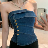 Vevesc Vintage Irregular Distressed Sleeveless Tanks Tops Elegant Slim Waist Camis Denim Korean Off Shoulder Sexy Tube Short Y2k Women