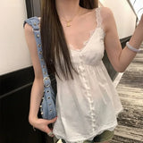 Vevesc Sweet Fashion V-neck Lace White Camisole Tops Mujer 2024 Summer New Vest For Women Y2k E-Girl Sleeveless Loose Tank Top