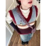 Vevesc Vintage Harajuku Striped Sweaters Vest 2024 Autumn New V-neck Slim Fit Knitted Vests Y2k Aesthetics Sleeveless Tops Women