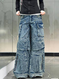 Vevesc American Vintage Multi-Pocket Wide Leg Jeans Women Stylish High Street Straight Leg Loose Jeans Harajuku Style Hip Hop Y2k Pants