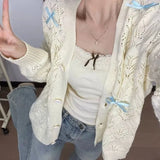 Vevesc Fashion Sweet Bow Hollow Out Knitted Tops Mujer Y2k Thin Long Sleeve Sweaters Early Autumn New Cardigan Coat Women