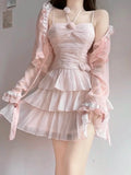 Vevesc Two Pieces Set Pink Sexy Y2k Aesthetic Fairy Ball Gown Camisole Dress+Japanese Women Sweet Grunge Fashion Long Sleeve Cardigans