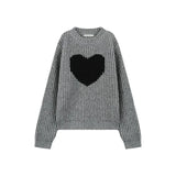 Vevesc O Neck Heart Print Gray Women Sueter Mujer Streetwear Knitted Oversize Y2k Tops Pullover Sweaters Long Sleeve American Vintage