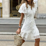 Vevesc Elegant Puff Sleeve O Neck Button Mini Dress Women Fashion White Lace Patchwork Holiday Dress Office Lady Causal Short Dresses