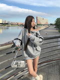 Vevesc Grey Hooded Women Clothing Vintage Street Sweatshirt Hiphop Y2K Letter Printing Pullover Long Sleeves Warm Oversize Ladies Tops