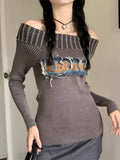 Vevesc Grunge Sweater Women Y2k Off Shoulder Knitted Pullover Punk Vintage Slim Fit Sexy Pulls Aesthetic 2000s Long Sleeve Jumper