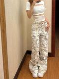 Vevesc American Retro Camouflage Cargo Pants Y2k E-Girl High Waist Straight Jeans for Women 2024 Sumemr New Loose Wide Leg