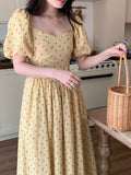 Vevesc  Floral dress women's summer new style retro romantic waist cinching slimming bubble sleeves tea break skirt long skirt