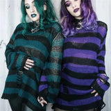 Vevesc Sexy Hollow Out Striped Long Sweaters Punk Gothic Cool Hole Broken Jumpers Over Size Loose Rock Dark  Pullovers Sweaters