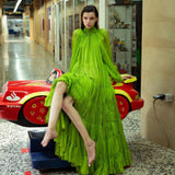 Vevesc Fashion Light Green Puff Sleeves Long Chiffon Women Maxi Dresses Open Black High Collar Big Bow A-line Female Maxi Gowns