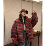 Vevesc Winter Short Plaid Parkas Women Vintage Oversized Down Coats Streetwear Cropped Puffer Jacket Korean Cotton Padded Outwear