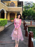 Vevesc Pink Print Elegant Fairy Dress Women Chiffon Sweet Vintage Beach Midi Dress Female Ruffle Casual Korean Style Strap Dress