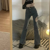 Vevesc Vintage Hollow Out Denim Pant Women Summer High Waist Slim Lace Up Flare Pants Fashion Streetwear Solid All-Match Casual Jeans