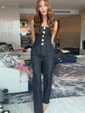 Vevesc  Vintage Women's Denim Sleeveless Set Crop Top With Chic Buttons Matching High Waist Slim Fit Jeans Casual Streetwear Outfits