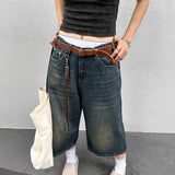 Vevesc American Vintage Washed Blue Denim Short Pants Summer Thin Straight Five-point 2024 New Loose Wide Leg Jeans Women