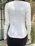 Vevesc  White Striped Slim Long Sleeve T-Shirt Woman Autumn O-neck Single Breasted Thin Tees Solid Simple Sweet Skinny Cotton Tshirt Y2k