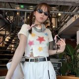 Vevesc Fashion Sweet Constrast Color Star Print Design T Shirt Summer All Match High Street Gothic Girl Crop Top Y2k Aesthetic Clothing