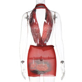 Vevesc Open Back Halter Mini Dress Sexy Club Outfit For Women Summer 2024 See Through Abstract Print Mesh Dresses Clubwear