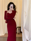 Vevesc French Vintage Chain Square Neck Long Sleeves Midi Dresses for Women Autumn New Sexy Bodycon Evening Party Female Clothing