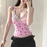 Vevesc Sweet Patchwork Mesh Camis Top See Through Sexy Slim V-Neck Sleevelkess Tank Tops Women 2024 Summer Fashion Streetwear