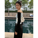 Vevesc Pure Cotton T Shirts Women Sexy Slash Neck Patchwork Crop Tops Korean Elegant Off Shoulder Backless Long Sleeve Slim Tees