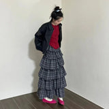 Vevesc Vintage Ruffle Plaid Skirt Women Elegant Sweet Long Skirts Japanese Style Streetwear Fashion Patchwork Layered Skirt