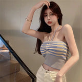 Vevesc Sexy One Shoulder Crop Top Women Sleeveless Plaid Knitted Tank Top Summer Blue Short Tanks Irregular Camis