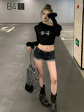 Vevesc Slash Neck Butterfly Tie-dye Crop Tshirts Streetwear Slim Fit Fur Patchwork Fairy Tees Women Y2k Aesthetic Grunge T-shirts Sexy