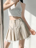 Vevesc Korean Fashion Khaki Pleated Skirt Lace Trim Women Preppy Style Button Up High Waist Cute Sexy Summer Kawaii Mini Skirt