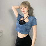 Vevesc Niche Sexy Fashion Moda Two Piece Sets Black Halter Lace Up Tank Tops Y2k Aesthetic Personality High Waist Streetwear Punk Tops