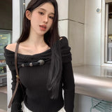 Vevesc American Vintage High Street Pleated Draped Pullovers Personality Belt Design Slim Y2k Harajuku Sweaters Sexy Bottom Shirts