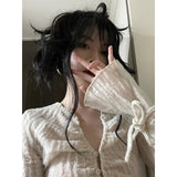 Vevesc Y2K Cropped Shirts Women Vintage Sexy V Neck Bandage Blouses Fairycore Aesthetic Flare Long Sleeve Lace Up Tunic Tops New