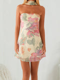 Vevesc  Women Sexy V-Neck Lace Bodycon Dress Sleeveless Backless Floral Print  Fit Party Mini Dress with Belt