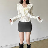 Vevesc New Autumn Ruffle Vintage Harajuku Hole Shirts Y2k Aesthetic Solid Streetwear Long Flare Sleeve Blouse Punk Korean Clothes