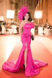 Vevesc Eye Catching Fuchsia Asymmetrical Split Long Evening Dresses With 3D Flower And Ruffles Details Sexy Formal Party Dress