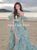 Vevesc Summer Vintage Fairy Floral Dress Women Casual Princess Long Split Dress Female Elegant Korean Evening Party Dress Ruffles