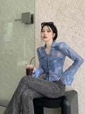 Vevesc 2024 Summer New Slim Fit Lace Up Cardigans American Vintage Blue Lapel Neck Tops Women Y2k Grunge Long Sleeve Blusas Mujer