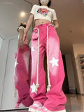 Vevesc American Retro Pink Star Jeans For Women 2024 Summer New Straight Denim Trousers Y2k E-Girl Loose Wide Leg Pants Mujer