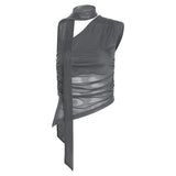 Vevesc Sexy Streetwear Gauze Vintage Skew Collar Tank Women Y2k Aesthetic Irregular Tops Summer Grunge Bandage Fairy Crop Camisoles