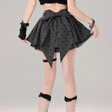 Vevesc Sweet Kawaii Gray Pleated Skirt Women Bow Lace Patchwork Mini Skirts Lolita Dot Print Cutecore Fashion Short Skirts