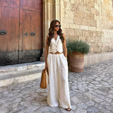 Vevesc  Summer New Women's All Cotton Casual Fashion Slim Fit V-neck Single breasted Vest&Wide Leg Pants Set