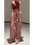 Vevesc Casual Retro Striped Print High Waist Wide Leg Pants Women's Fashion Loose Vintage Soft Full Length Trousers Summer