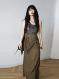 Vevesc Women brown Gothic A-line Long Skirt Vintage Y2k Skirt Harajuku Korean Streetwear Skirts 2000s Goth Clothes Summer