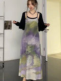 Vevesc Vintage Tie Dye Print Mesh Dress Women Sexy Y2k Spaghetti Strap Maxi Dresses Korean Fashion 2 Piece Set Robe Vestidos De Mujer