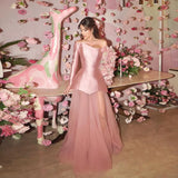 Vevesc Pretty Bloom Pink Long Evening Dresses A-line See Thru Women Maxi Gowns To Birthday Party 3D Flower Bridal Gowns