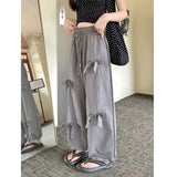 Vevesc Wide Leg Pants Drawstring Bow Casual Summer Preppy Style Trousers Y2k Ankle Length Women Straight Korean High Street