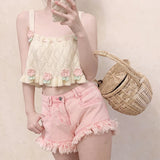 Vevesc Cute Tops Women Summer Hook Flowers Decorated Retro Loose Knitted Crop Top for Sweet Girl Beige Camis Kawaii Clothes