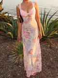 Vevesc  Flower Print Lace Trim Cut Out Camisole Dresses Sleeveless Spliced Skinny Side Split Sexy Elegant Frocks