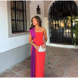 Vevesc  Fashion Patchwork Color Collision Dresses Chic Off Shoulder Sleeveless Pleated Robes New Female Summer Vacation Beach Vestidos