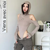 Vevesc khaki High Elastic Tight Sexy Hot Mature Beautiful Confident Youth Girl All-match Women's Autumn Hooded Jumpsuit